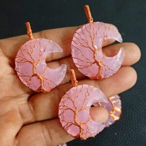 Pink Opalite Moon Tree of Life Pendant, Opalite Moon Copper Pendant, Rose Quartz Pendant, Pink Opalite Wire Wrapped Pendant Jewelry